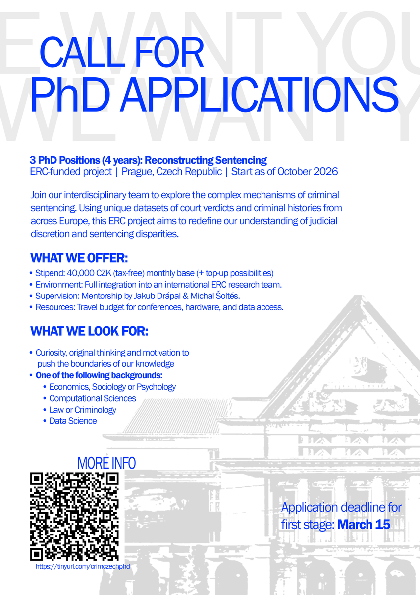 DrapalJakub's tweet photo. Want to join our team on an exciting ERC journey?

We are looking for 3 (fully funded) PhD positions to help us reconstruct sentencing and explore judicial discretion!

Backgrounds: Psych, Soc., Econ, CompSc, Law, Crim, DataSc.

📅 Apply by March 15

Please share! https://t.co/8AKsxF1tCx