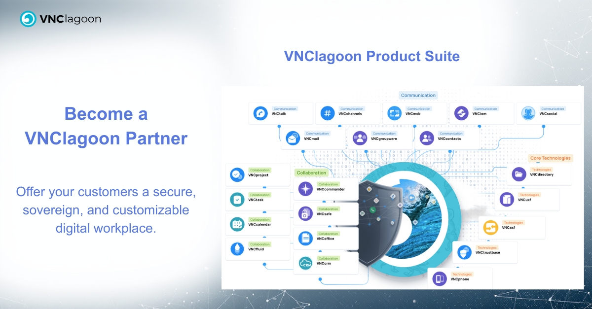 Your customers need to work in compliance with the highest level of data protection and are increasingly gearing their IT structures towards digital sovereignty?
The VNClagoon Business Software Stack offers a GDPR-compliant, seamlessly integrated, modular and highly secure