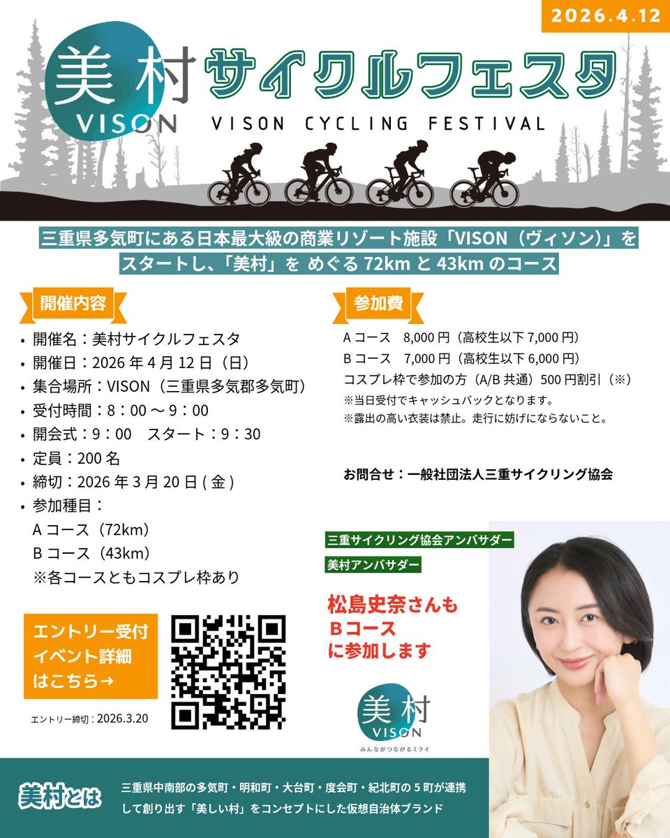 miecyclingorjp's tweet photo. 三重県中南部の豊かな自然、歴史文化、美味しい食材、デジタル技術を活用したサイクリングイベントを2026年4月12日（日）に開催します。日本最大級の商業施設「VISON（ヴィソン）」をスタートし、「美村」を走る72kmと43kmのコースを選べます。
#三重県 #美村 #サイクリング #ポタリング https://t.co/fsqpSUtT91