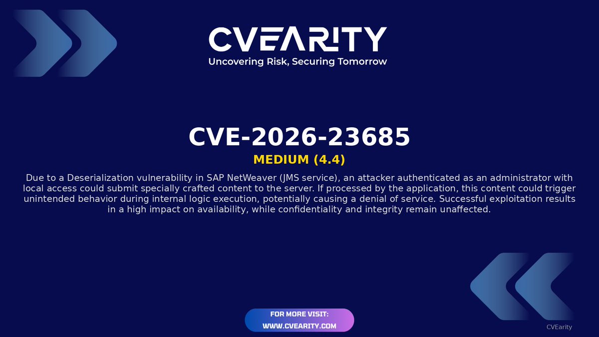 CVEarity's tweet photo. ⚡ New CVE Alert: CVE-2026-23685
📊 Severity: 4.4
🚨 Risk Level: Medium
🧩 Affects: Sap

Reference: https://t.co/Tq2Vrg5RNG

#CVE-2026-23685 #CVE #Medium #Sap #CyberSecurity #InfoSec https://t.co/TCwcXLpUKq