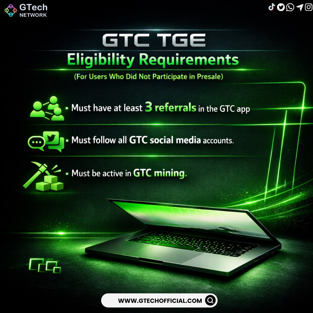 gtechnetwork's tweet photo. GTC Token Generation Event Eligibility Requirements (for users who did not join the presale):
•Have a minimum of 3 referrals in the GTC app
•Follow all official GTC social media accounts
•Remain actively Mining in GTC Apps https://t.co/7QKXBiujIq
