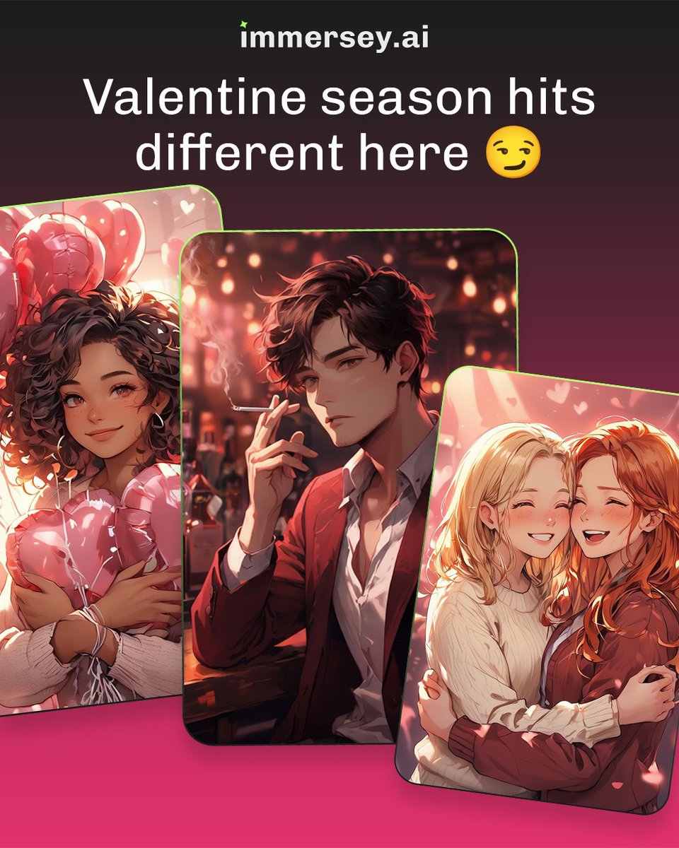 Immersey_ai's tweet photo. POV: it’s Valentine season and instead of dating apps you’re roleplaying with a AI Character that actually remembers you 😭❤️ 

Flirt. Talk. Start drama. Fall for your own story. 

Find your Valentine on https://t.co/NFz7pYxufV ✨ #valentines #roleplay #characterai https://t.co/grmES4LB8I