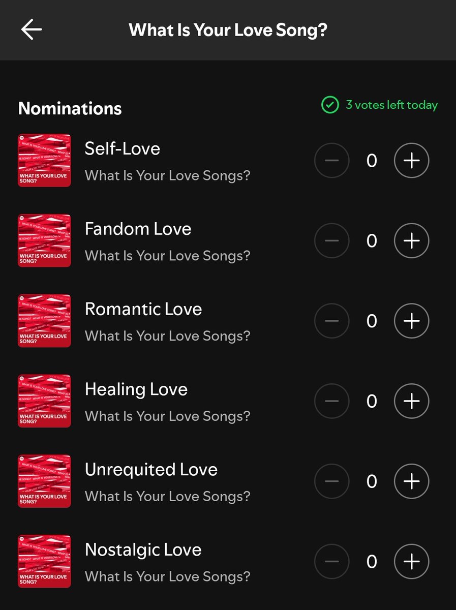 SPOTIFY HA GENERADO UNA VOTACIÓN PARA LA PLAYLIST "WHAT IS YOUR LOVE SONG?" DONDE PODRAS ESCOGER TUS CANCIONES FAVORITAS, 3 VOTOS PARA USUARIOS PREMIUM Y 1 VOTO PARA USUARIOS FREE!! 

YA VOTARON POR SU FAVORITAS? COMENTEN🫵

FINALIZA EL 13 DE FEBRERO

open.spotify.com/playlist/37i9d…