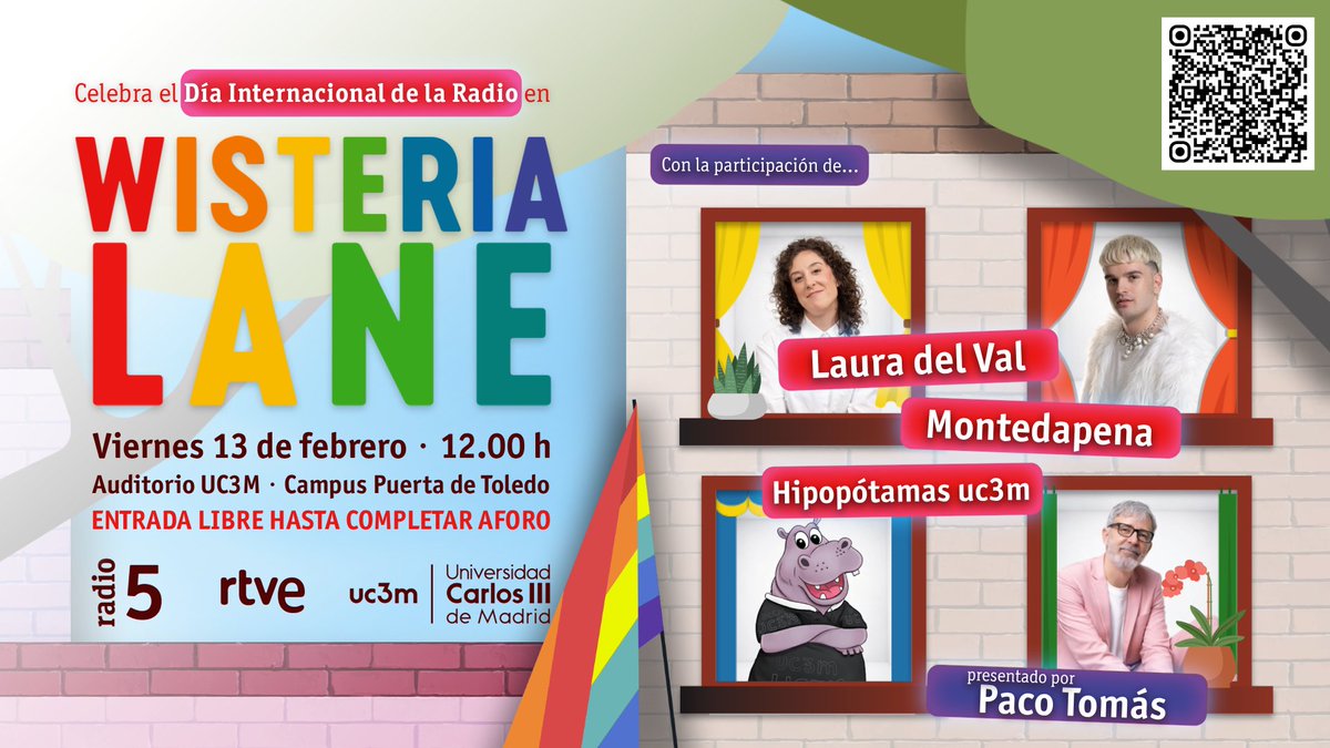 ‼️Este viernes celebramos el Día Mundial de la Radio con la grabación en directo de Wisteria Lane de <a href="/rne/">Radio Nacional</a> en el campus de Puerta de Toledo.
🎙️ Con Laura del Val, el equipo femenino de rugby UC3M Hipopótamas y música de Montedapena.
¡Te esperamos a las 12h! f.mtr.cool/ycouxjtcck