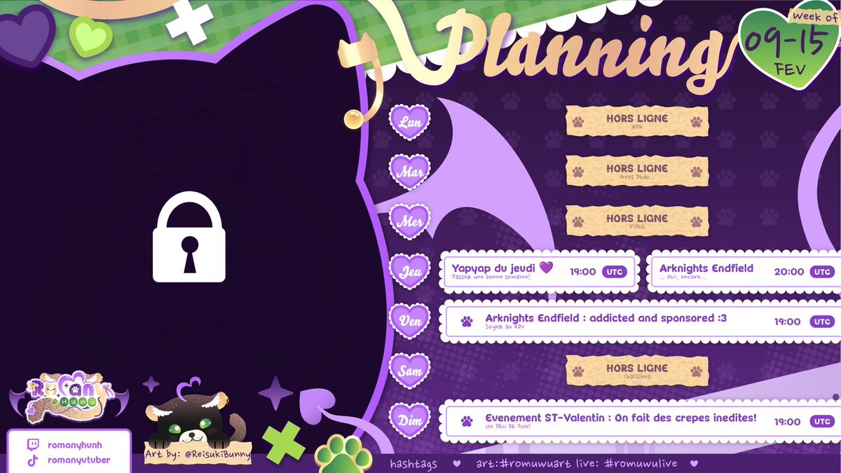 CHALIPLANNIIIIIING! 🐆 09-15 Février 💦
Jeudi : Retour sur la semaine, et suite d'Endfield (SPONSO ??) 🦖
Vendredi : La sponso continue (et l'usine aussi) 😼💜
Dimanche : Event St-Valentin 💃 On fait des crêpes!
BONNE SEMAINE MES CHALIPAFS ヾ(≧▽≦*) 💃