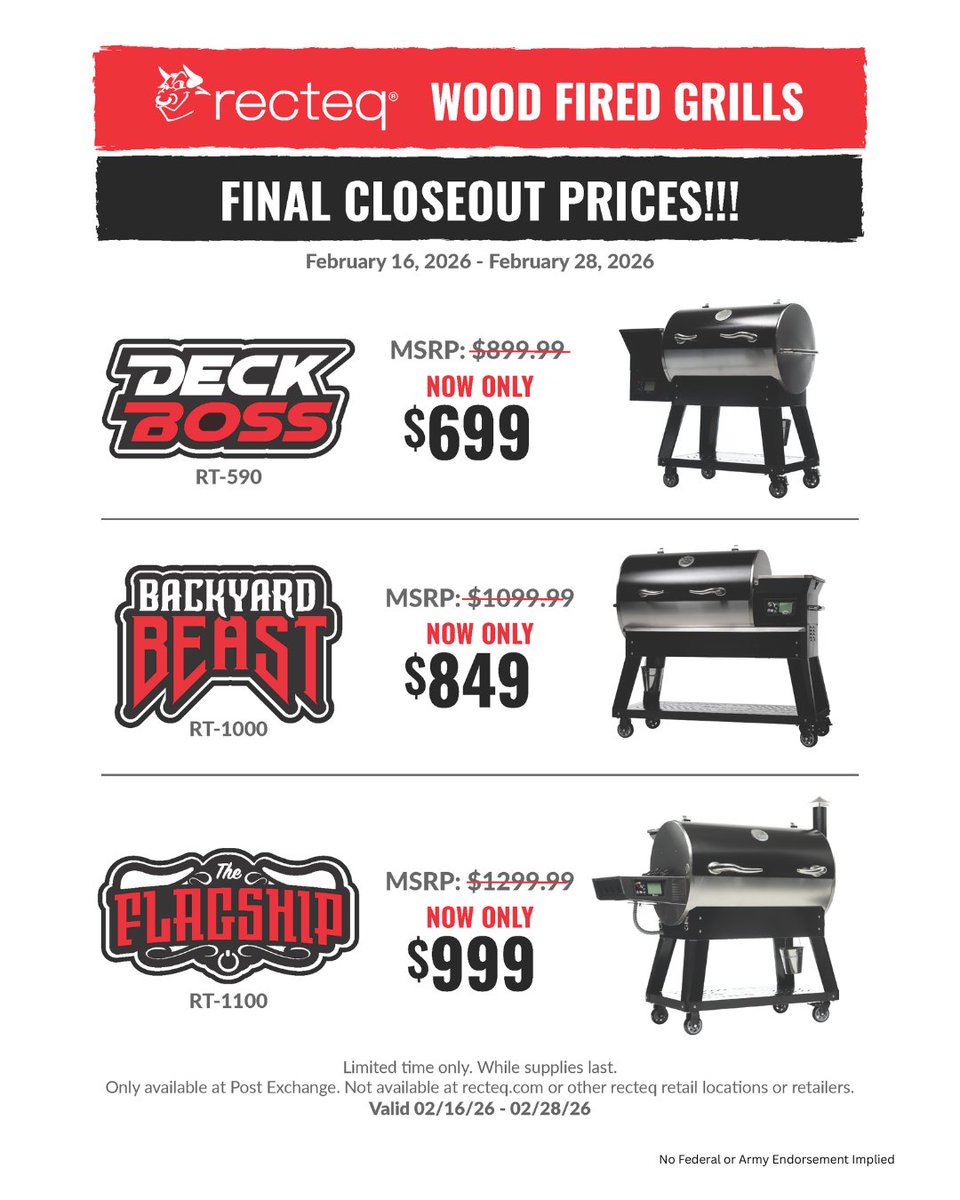 FtGordonMWR's tweet image. Starting on the 16th, @recteq_official invites you to come by the @FortGordonHRO for their big sale! They're slashing prices on their heavy hitters! These exclusive deals run through the end of the month &amp;amp; are available only at The Exchange!

#MWRAdvertiser #recteq #CloseoutSale