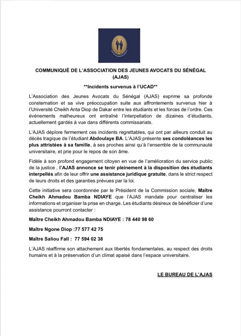 L’Association des Jeunes Avocats Sénégalais (AJAS) se tient à la disposition des étudiants pour une assistance gratuite dans les commissariats où ils sont détenus. 
<a href="/Noo_IDcard/">Momar Assane</a> <a href="/MakhtarDime/">DIMÉ</a> <a href="/autruicomoi/">Ayoba FAYE</a>