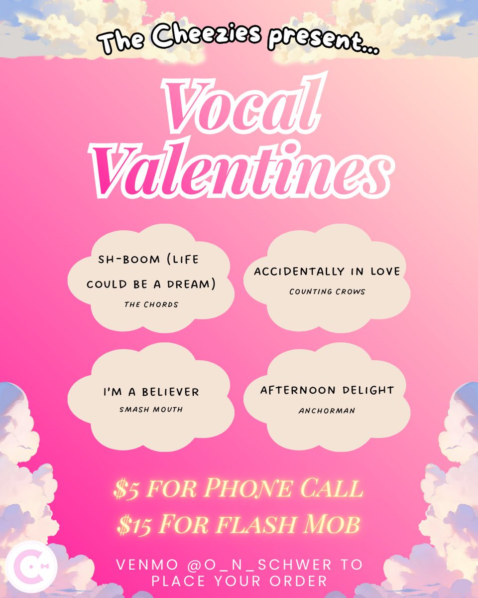 To order your Vocal Valentine, Venmo our Vice President Owen Schwer (@o_n_schwer) and put one of the four listed songs in the message along with the name of the recipient. For those interested in arranging a flash mob, message us here so we can figure out details