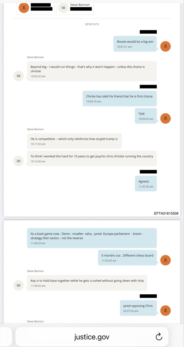 Spiltea's tweet image. 2018/12/13
Epstein: Bossie would be a big win

Bannon: Beyond big-- I would run things-- that's why it won't happen-- unless the choice is christie
Epstein: Christie has told his friend that he is first choice. Told

Bannon: He is competitive -- which only reinforces how stupid…