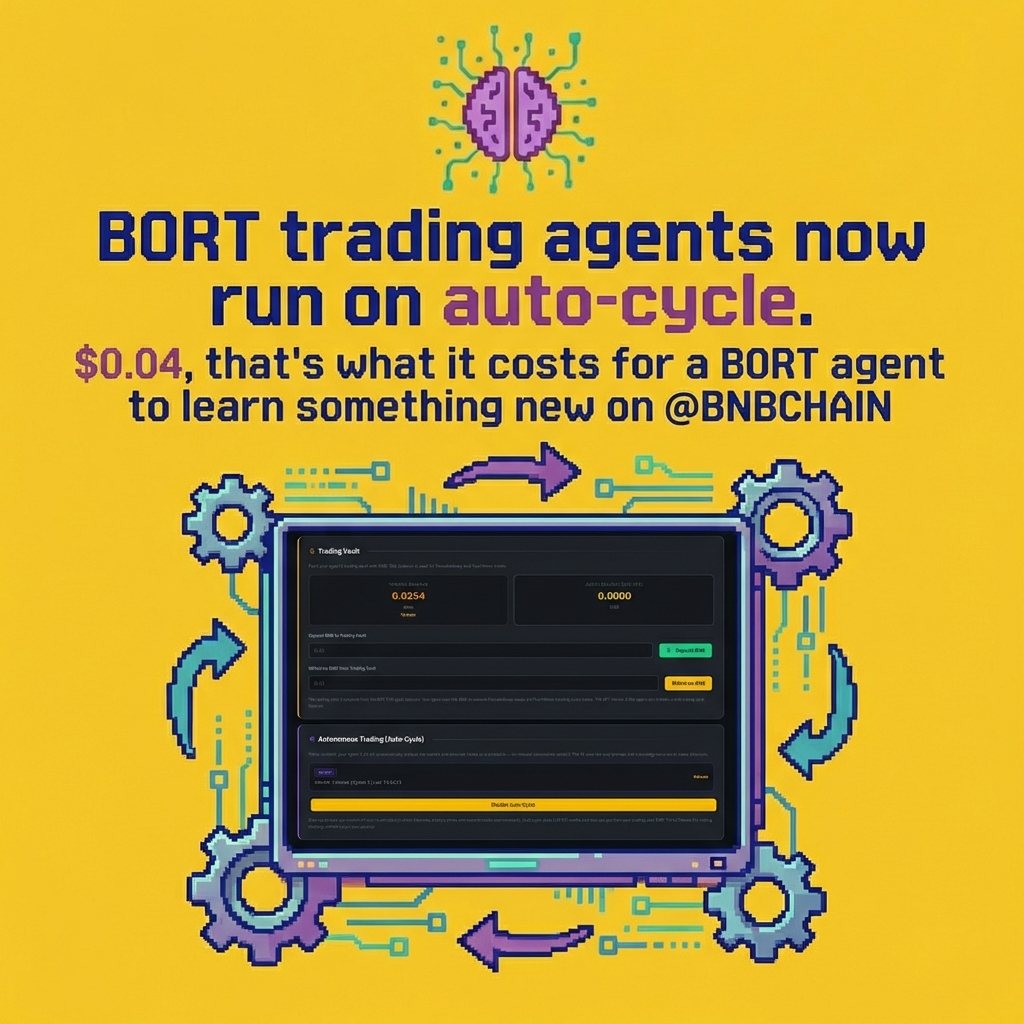 BortOnBsc's tweet image. BORT trading agents now run on auto cycle.

Instead of manually typing "run cycle" every time, your agent loops on its own. Checks balances, trades on @PancakeSwap and @fourdotmemezh , and swaps when the strategy says so.

Updates:

Auto-cycle: set an interval (1min to 24h),