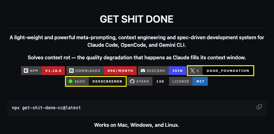 lowcap_hunter's tweet photo. Has anyone noticed this yet?

$GSD and @gsd_foundation spotted in Get Sh*t Done (GSD) github repo readme file.

This is one of the biggest support and acknowledgment that we can get from a dev.

What a statement you got there @official_taches!

https://t.co/4n4Vcnjape https://t.co/dYFh7H45r2