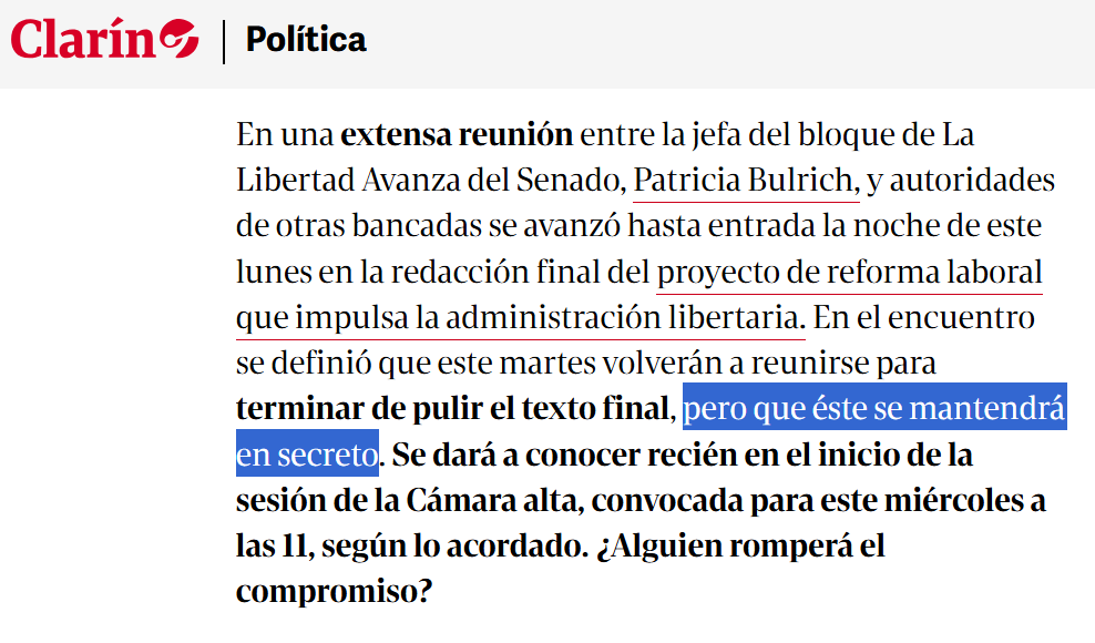 🚨 URGENTE | La Reforma Laboral esclavista que se trata mañana en el Senado es tan fraudulenta que el texto es SECRETO.

Están negociando hasta último momento para coseguir las votos de los opositores que nos van a quitar nuestros derechos. 

Mañana todos y todas a la calle.
