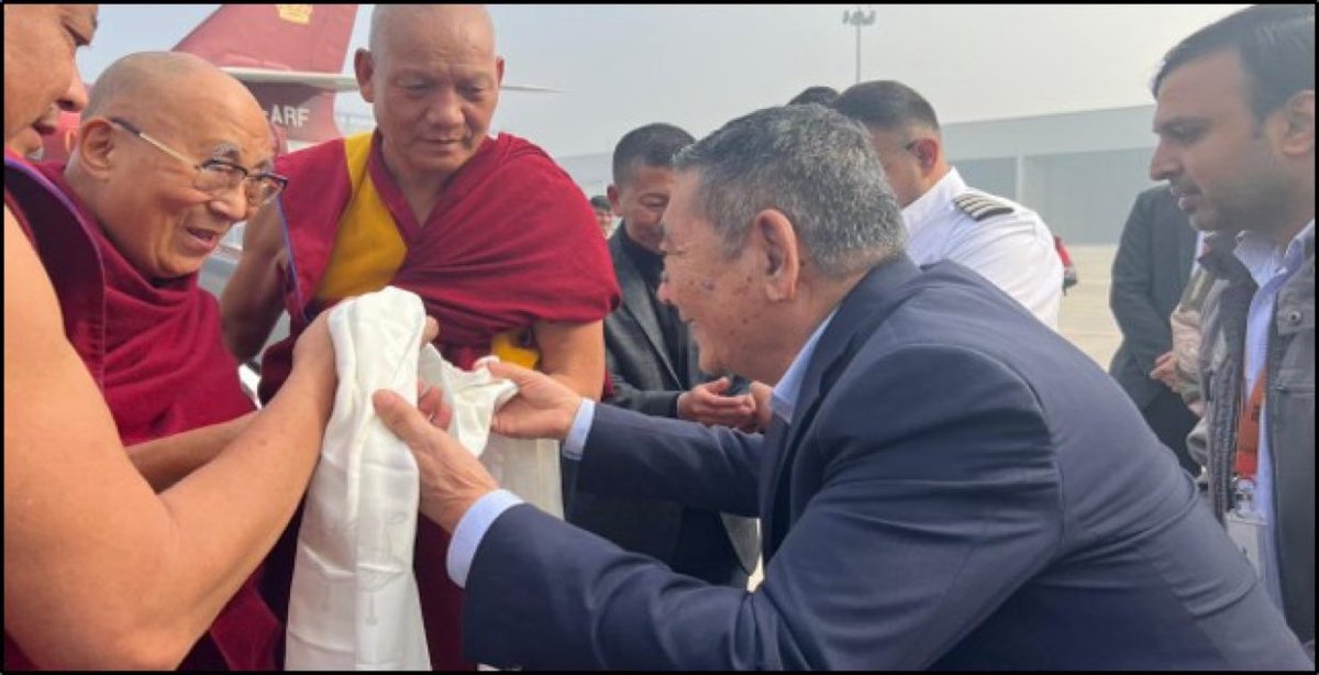 His Holiness the 14th Dalai Lama arrives safely in Delhi, welcomed with khatak by Jigme Jungney.  #DalaiLama #Tibet #Delhi <a href="/CTA_TibetdotNet/">Tibet.Net</a> @CTA_Office @TibetHouse