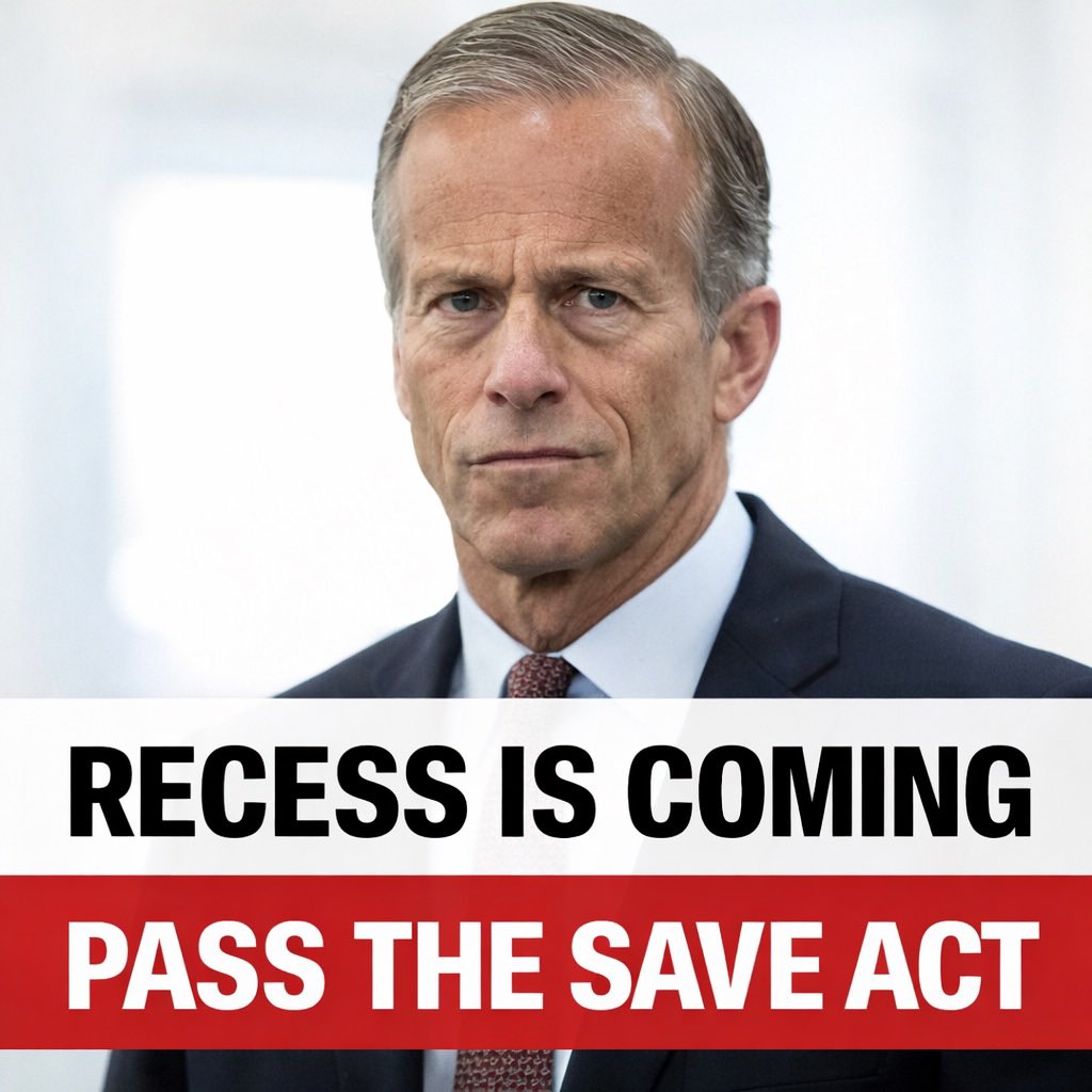 🚨PASS the SAVE AMERICA ACT!  THIS WEEK!

The Senate is about to pack their bags and head home for recess AGAIN while the SAVE Act still sits on Thune’s desk.

They’ve got time for fundraisers, TV interviews, and endless vacations but somehow not enough time to pass BASIC