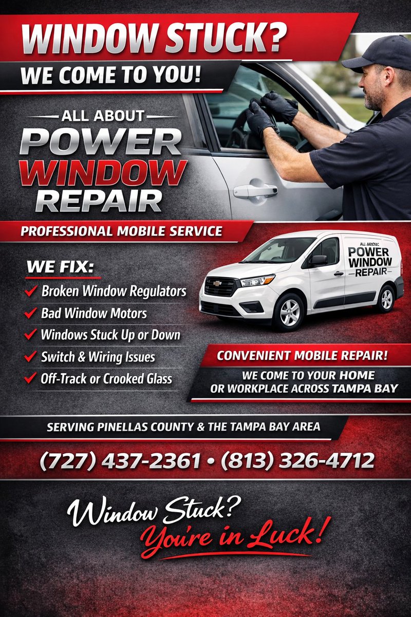 TampaCarWindows's tweet photo. Car window stuck down? Don’t risk rain or a break-in.

We provide mobile power window repair across Clearwater, St Pete, Largo &amp; Tampa Bay. We come to your home or work and fix regulators, motors, switches &amp; off-track glass fast.

Call/Text: (727) 437-2361 | (813) 326-4712 https://t.co/QK9BTYvtFT