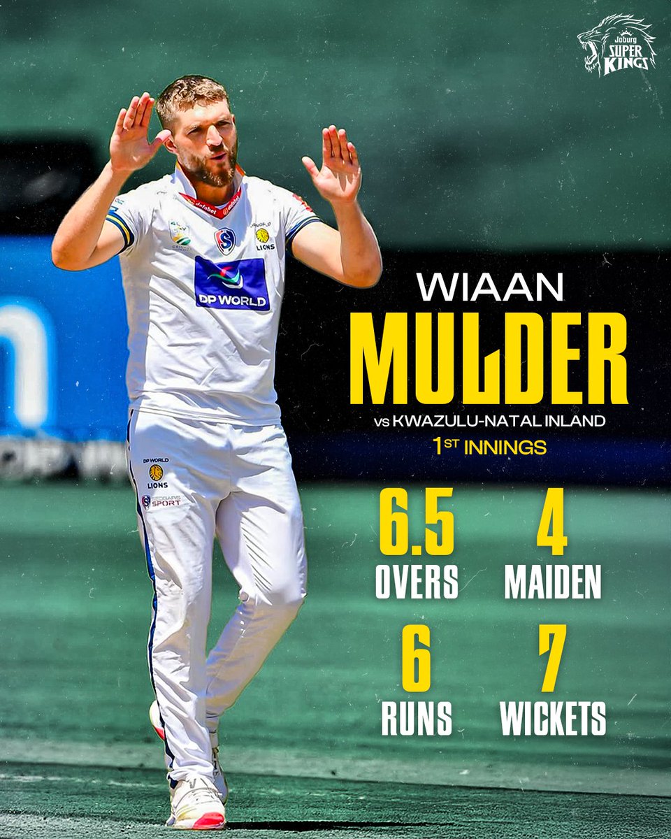 JSKSA20's tweet image. When 𝐌𝐮𝐥𝐝𝐞𝐫 makes the 6️⃣–7️⃣ trend with his bowling.🦁🔥

#4DaySeries
#WhistleForJoburg
#ToJoburgWeBelong