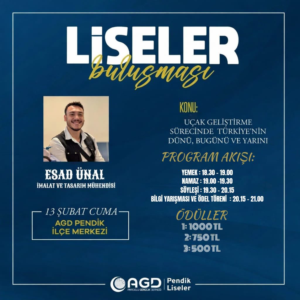 🔻Liseler Buluşması

📌Uçak Geliştirme Sürecinde Türkiye'nin Dünü Bugünü ve Yarını

📅 13 Şubat Cuma
⏰ 18.30
📍Pendik İlçe Merkezi

#BirYıIdizinizinde #FetihNesli #varolsunliseler