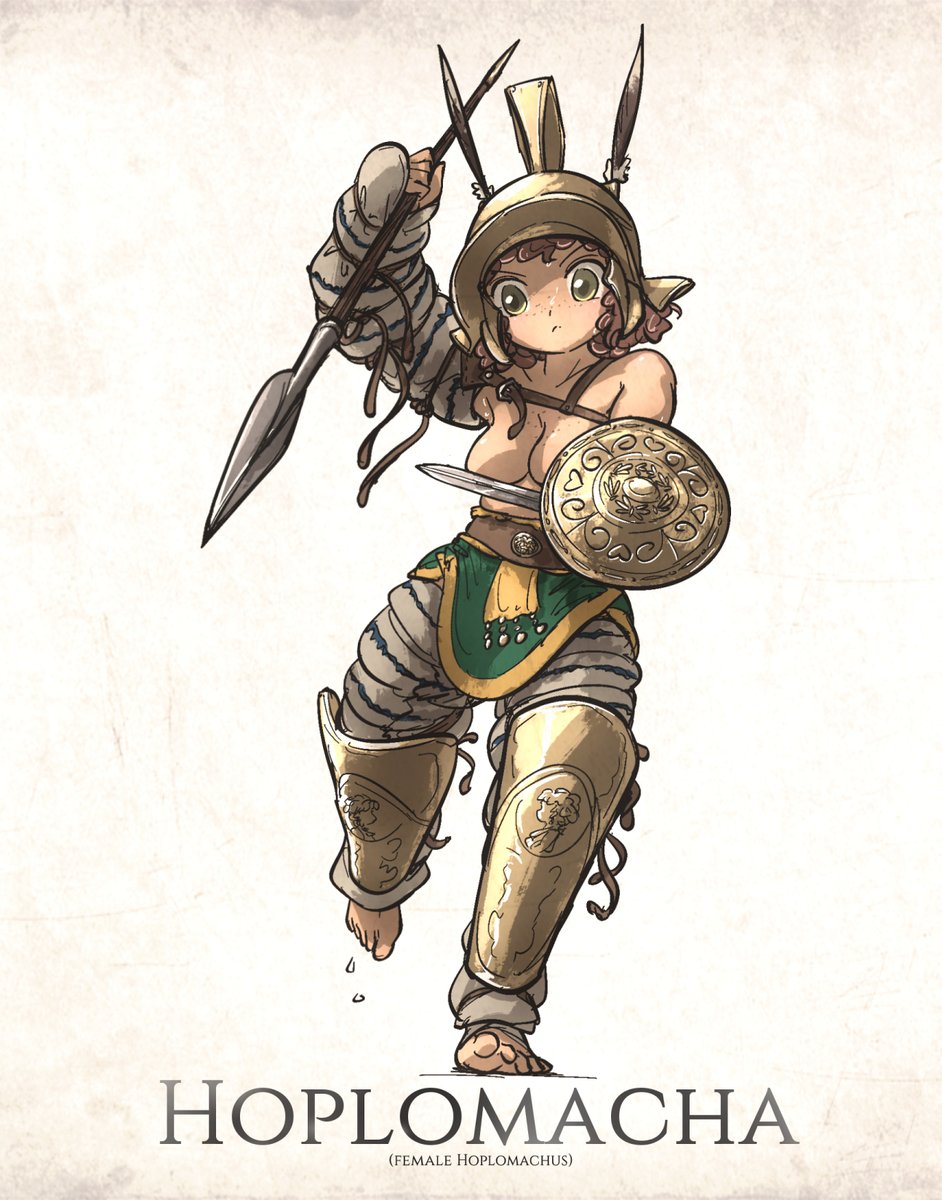 Gladiatrix Hoplomachus 

This is the Greek hoplite as understood and turned into entertainment by the Romans, not much difference as I draw historical themes imo. These stylized arts are not textbooks; in the end, they are meant to entertain you guys!