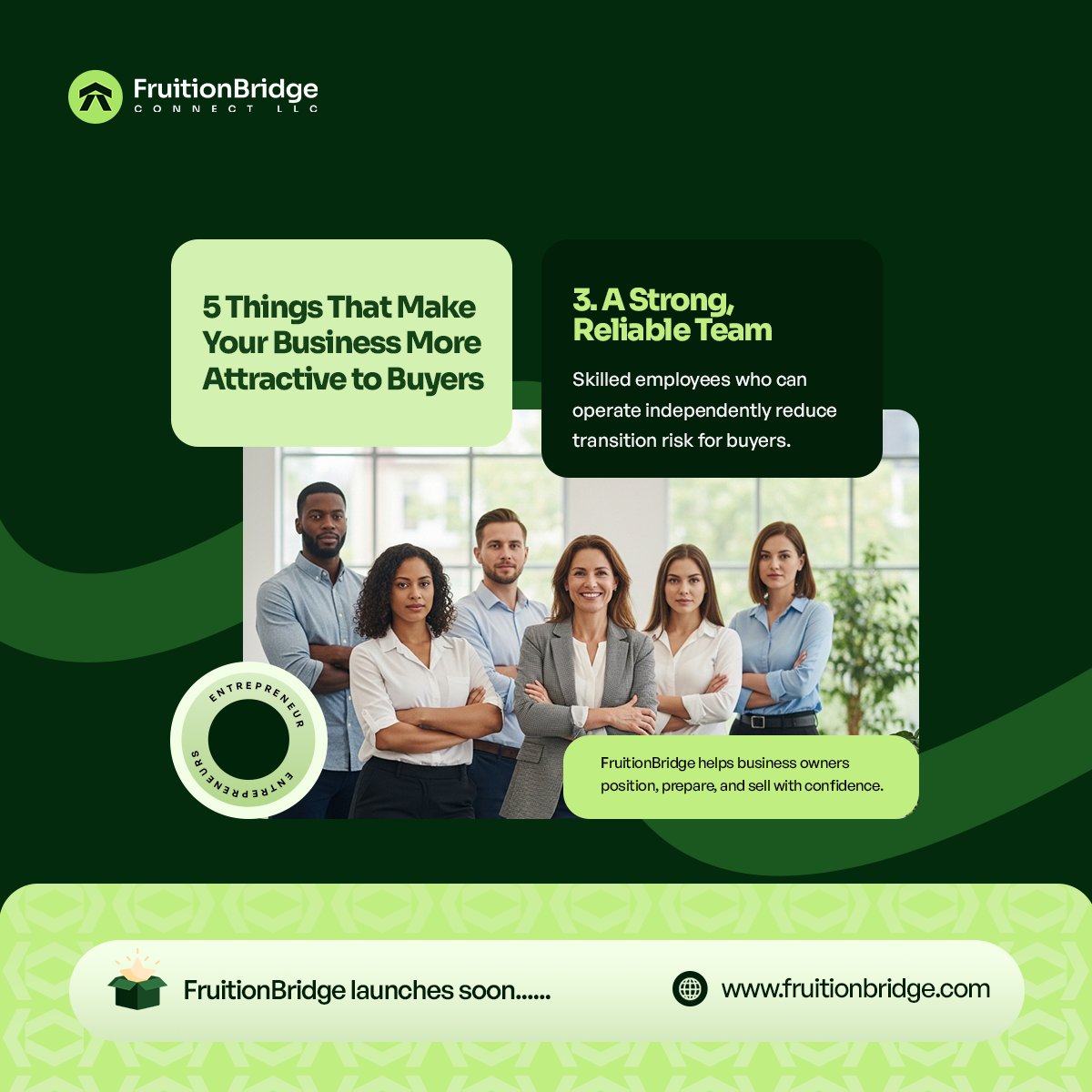 FruitionBridge's tweet photo. 3. A Strong, Reliable Team

Skilled employees who can operate independently reduce transition risk for buyers.

Join our wait-list today.
https://t.co/RoQSeKjVQ0

#invest #Fintech #tech #entrpreneurship #business #fruitionbridge https://t.co/wkMyKn1lXE