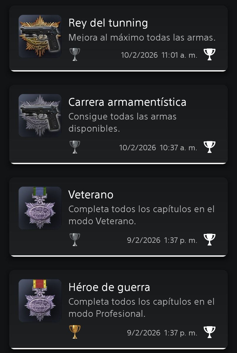 Parece que va bien la cosa para el platino del Resident Evil 5 🏆

Con estos trofeos fuera de combate, ya solo me queda limpiar coleccionables y rematar algunos misceláneos 🎮

#ResidentEvil5 #PlayStationTrophy #PS5