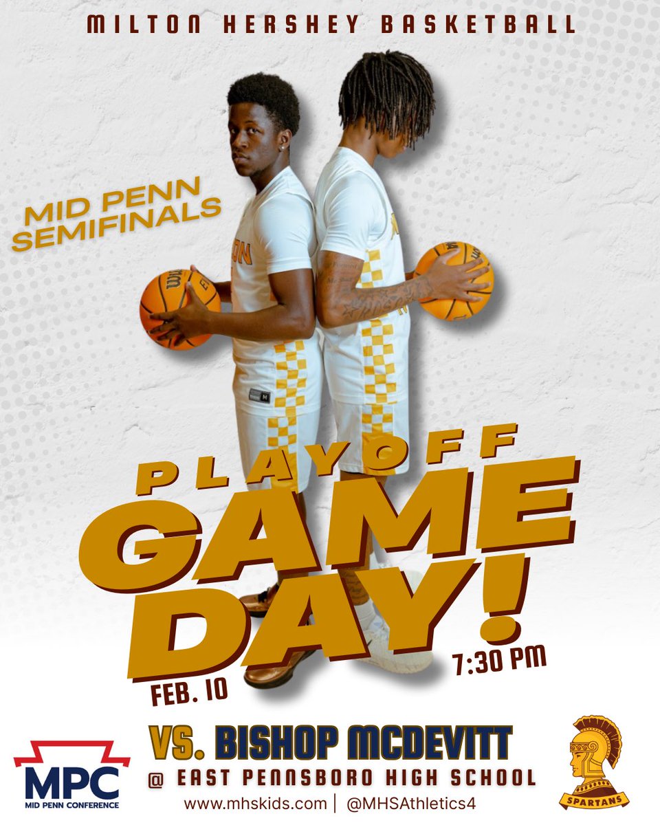 Come support your Spartans in the Mid Penn semifinal tonight at East Pennsboro HS vs. Bishop McDevitt!
—
<a href="/MHSATHLETICS4/">MHS Spartan Athletics</a> <a href="/KeystoneBBall/">David Bray Jr</a> <a href="/paD3hoops/">PA D3 Hoops</a> <a href="/dan_sostek/">Dan Sostek</a> <a href="/Mid_Penn/">Mid Penn Conference</a> <a href="/SDPrincipals/">MHS Senior Hall</a> <a href="/miltonhershey/">Milton Hershey School</a>