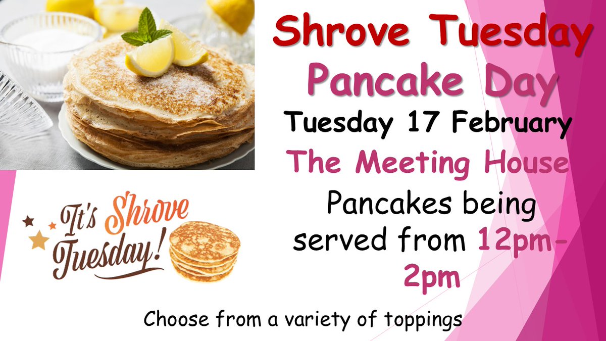 USWChaplaincy's tweet photo. Shrove Tuesday​
Pancake Day​
Tuesday 17 February
The Meeting House
Pancakes being served from 12pm-2pm​
Dydd Mawrth Ynyd​
Dydd Crempog​
Dydd Mawrth 17 Chwefror​
Y Tŷ Cwrdd
Crempogau yn cael eugweini o 12yp i 2yp https://t.co/Jd5biTzstC
