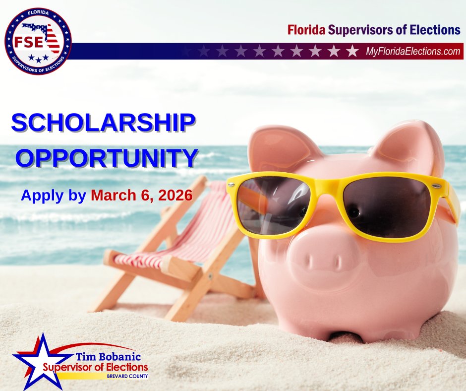 Are you a junior or senior in college and need a scholarship? The Florida Supervisors of Elections will award three $1,200 scholarships from the finalists submitted by Supervisors from around Florida. Deadline: Mar. 6 by 5pm. Visit VoteBrevard.gov for additional details.