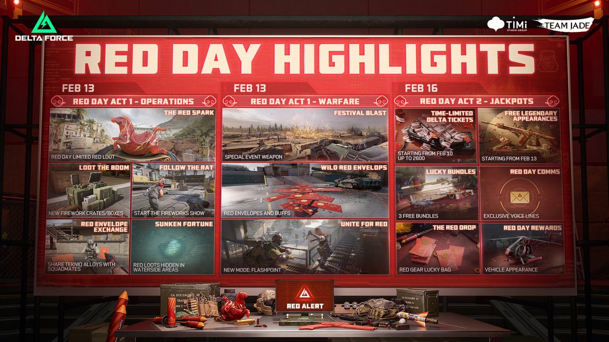 Red Day starts February 13, tons of rewards, free bundles, and events to expect:
🎆 Hunt limited Reds, chase Sunken Fortune, follow the Rat for fireworks, and exchange red envelopes with your squad in Operations.
🧧 Enjoy the special event weapons &amp; modes in Warfare! 
🎁 Grab
