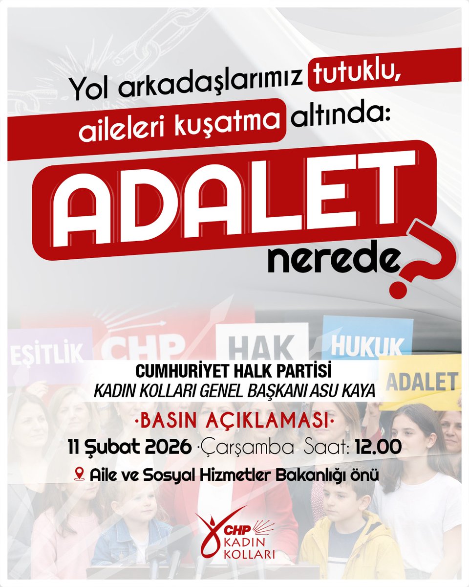 Yol arkadaşlarımız tutuklu, aileleri kuşatma altında!
Hukuk yok, adalet yok!

Adalet nerede? diye sormaya geliyoruz.

📢 11 Şubat Çarşamba
🕛 12.00
📍 Aile ve Sosyal Hizmetler Bakanlığı önü

Hukuksuzluğa, korkuya, adaletsizliğe karşı birlikte ses veriyoruz!
