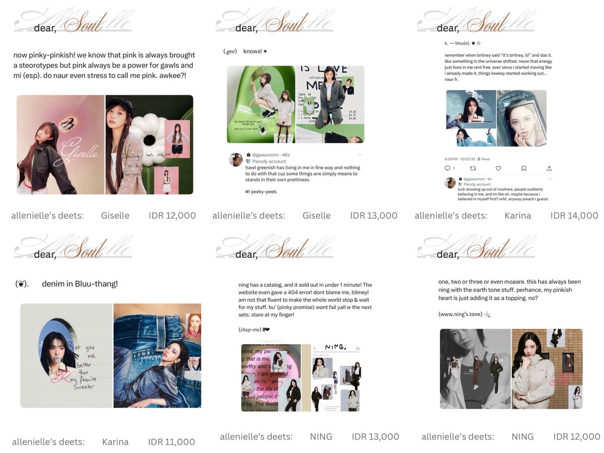 Soilenielle's tweet image. Title: Ms. Giselle, Karina nd Ning♥︎ 

1 Upchar Giselle - Karina - Ning ready-stock 

♥︎: Giselle, Karina nd Ning (latest instagram updates) 
💰: on pics. 

Please help to repost, xx.

#zonauang  #zonajajan