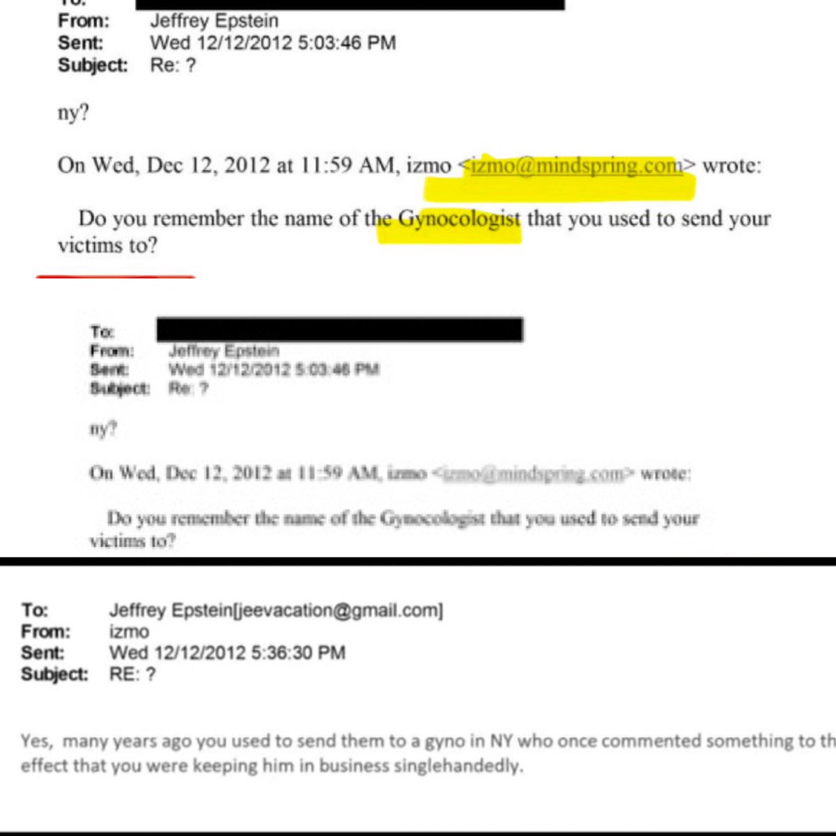 🚨EPSTEIN EMAIL BOMBSHELL!!
“Do you remember the name of the gynecologist that you used to send your victims to?”

That is a real sentence.
In a real email.

Followed by another line stating that the gynecologist once said Epstein was single-handedly keeping him in business.