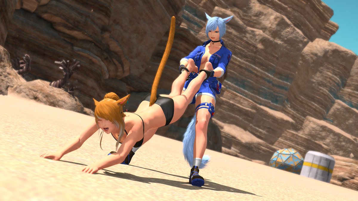 “Noo! I don’t wanna work. I want to be on the alien planet’s beach!” 
The cute <a href="/Meve_XIV/">M'eve 🔞</a> trying to get me to craft/gather on Oizys. I don’t hate them it’s just I get bored after like 3 missions.  Not beating orange cat energy allegations.
#ffxivgpose #gpose #GPOSER #miqote #FFXIV