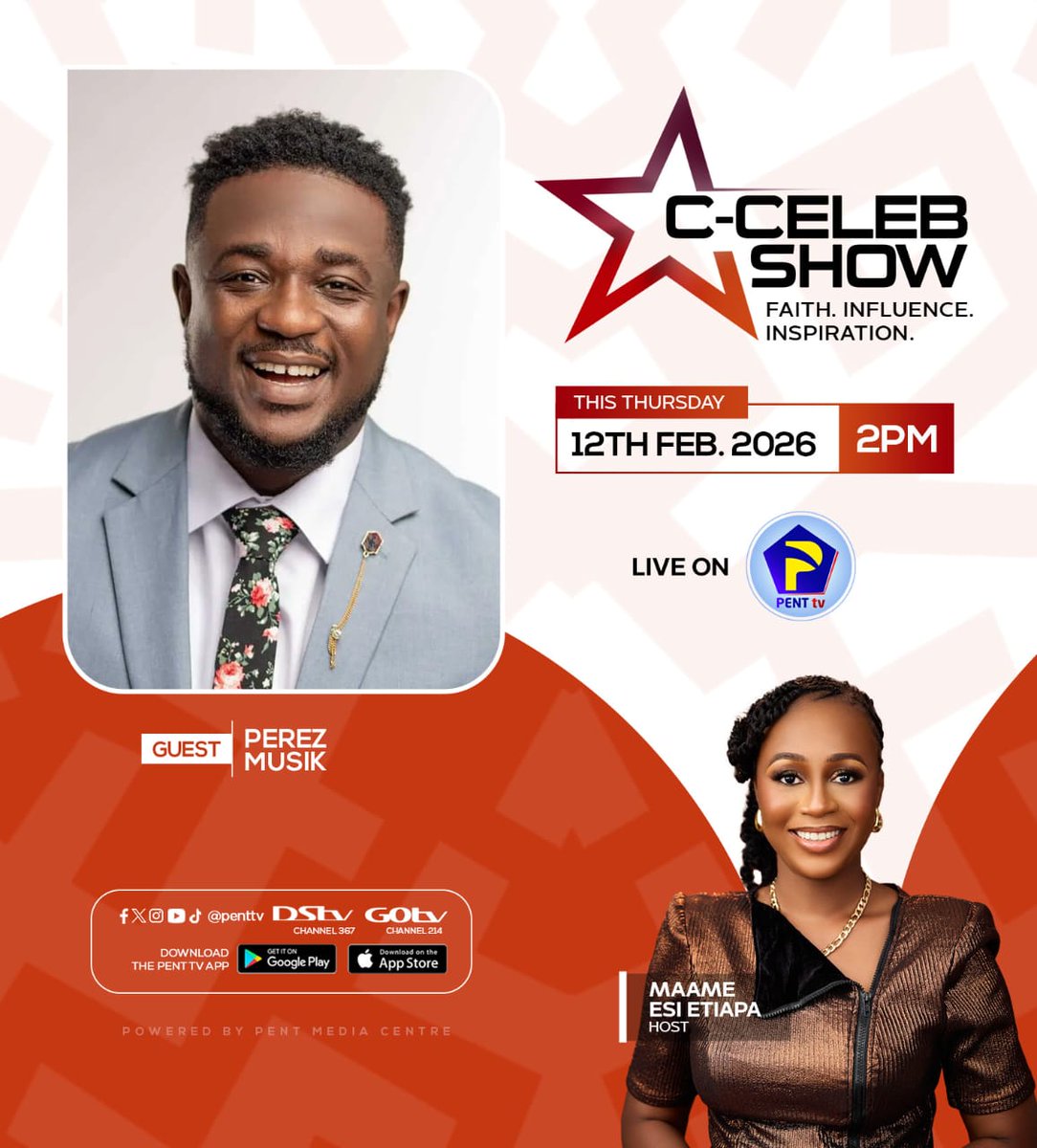 This week on the C-Celeb Show, we’re honored to welcome Perez Musik a worshipper, songwriter, and minister whose sound carries both depth and divine direction.
📷 LIVE on PENT TV
📷 Thursday | 2PM – 3PM
📷 Drop your questions for Perez in the comments
📷 Turn on notifications