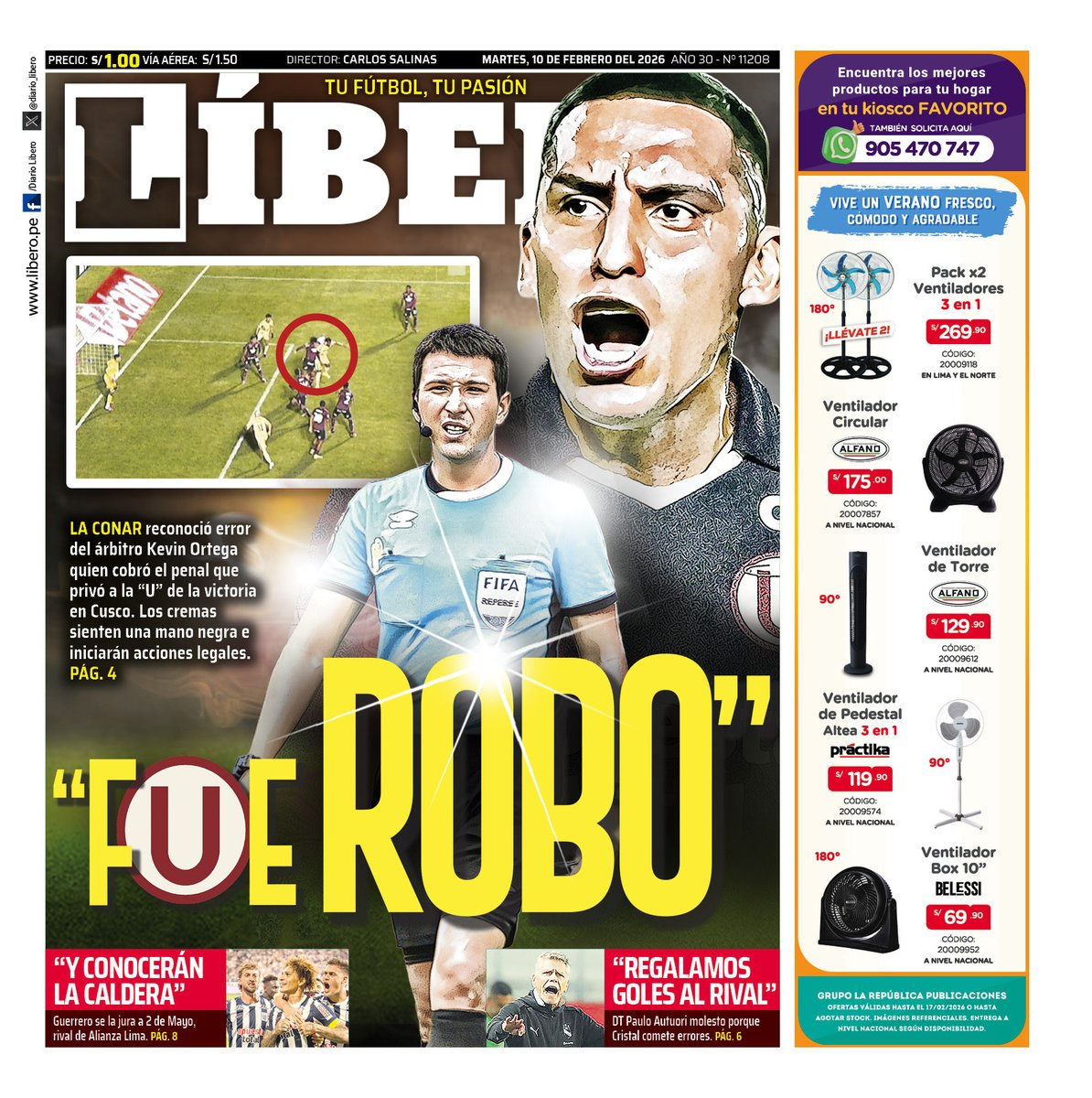 Buenos días, la portada de hoy: "𝗙𝗨𝗘 𝗥𝗢𝗕𝗢" 📰

𝗟𝗔 𝗖𝗢𝗡𝗔𝗥 reconoció error del árbitro Kevin Ortega quien cobró el penal que privó a la "U" de la victoria en Cusco. Los cremas sienten una mano negra e iniciarán acciones legales.

Lee más en: Libero.pe