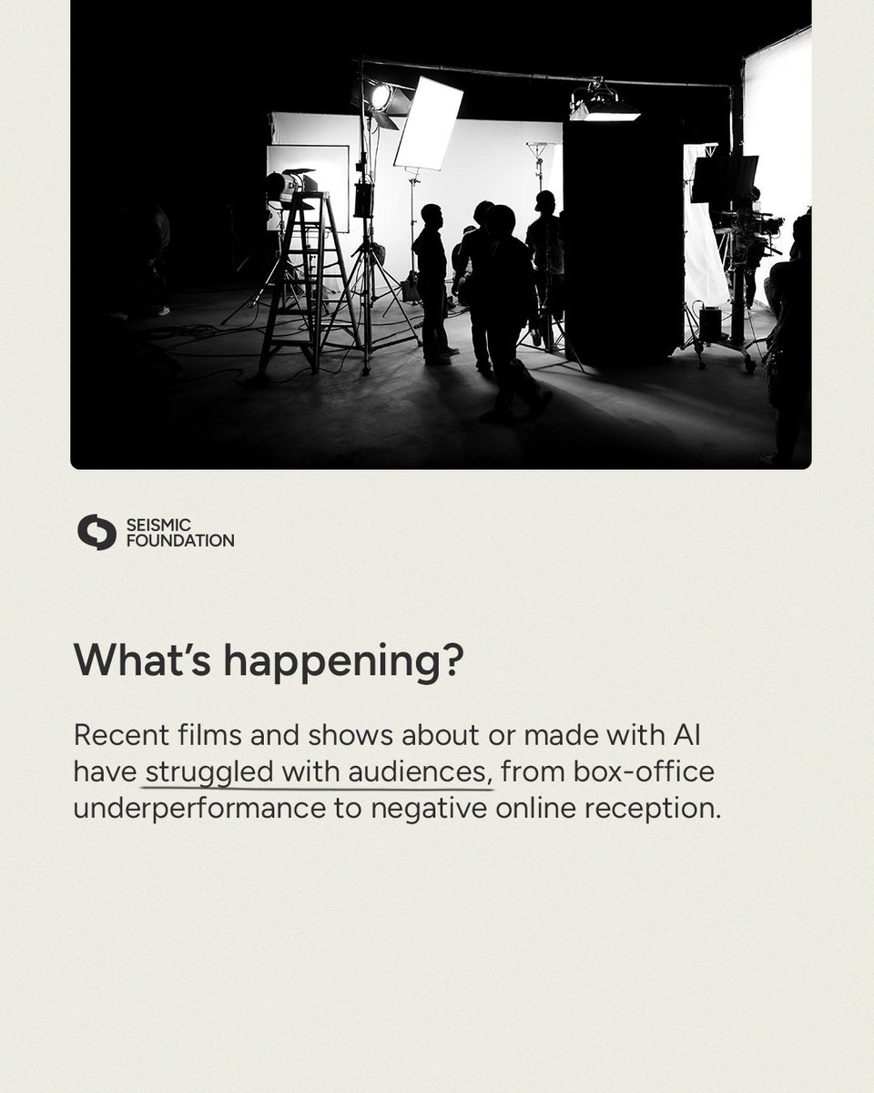 Seismicfound's tweet photo. AI isn’t just a theme on screen; it’s part of how these films and shows are being made. From scripts to visuals, audiences are reacting to AI-driven production itself. AI fatigue is about how automated creation is changing trust, craft, and originality.

#ArtificialIntelligence https://t.co/RnzwwxN64B