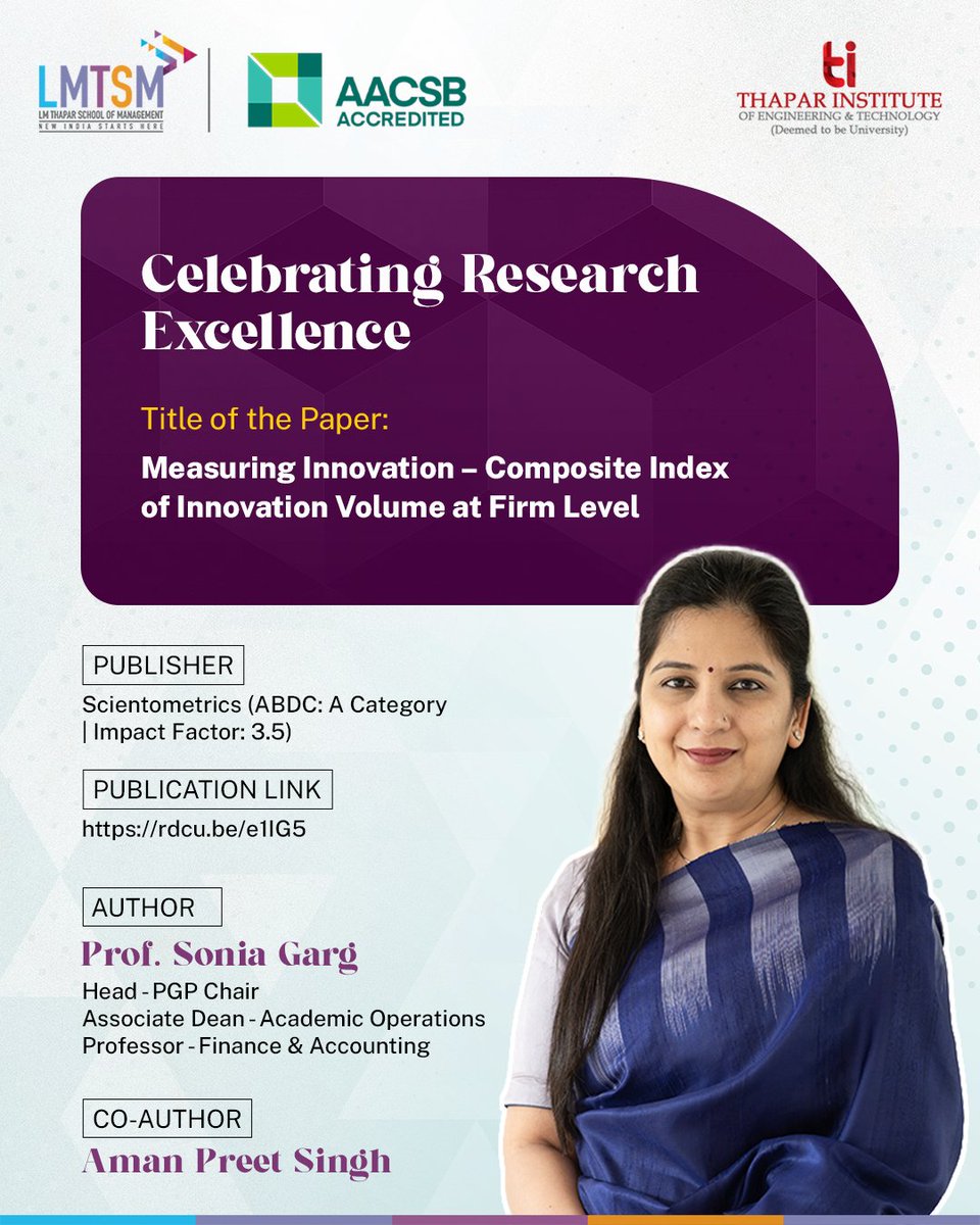 We are proud to share a recent faculty publication by Prof. Sonia Garg.

The paper constructs a composite index to measure the volume of innovation outcomes at firm level for both external and internal stakeholders.

Read the research paper here: rdcu.be/e1IG5