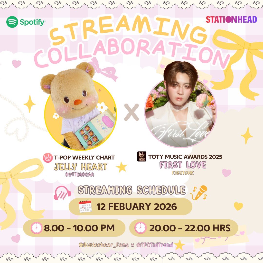STREAMING COLLABORATION PARTY🩷💛

#StreamforButterbearxFirstOne

ชวนพี่ติดฝนและมัมหมีพ่อหมีมาร่วมตี้
ผ่าน App. Stationhead

🧸HOST : <a href="/Butterbear_Fans/">ด้อมน้องเนย 🧸🧈💛</a>
🐰CO-HOST : <a href="/TFOTidTrend/">TidTrend For TleFirstOne</a>

🎧 : share.stationhead.com/ath2wnpe0ela
🗓️ : 12.02.2026 
🕗 : 20:00-22:00 น.

#Firstone #TleFirstone
#Butterbear