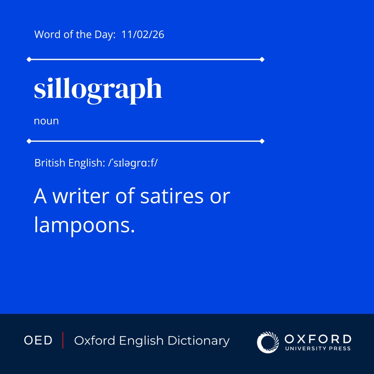 OED's tweet photo. OED #WordOfTheDay: sillograph, n.
A writer of satires or lampoons. 

View the entry: https://t.co/CXfgPSKnnH https://t.co/kJ3NQ4SndR