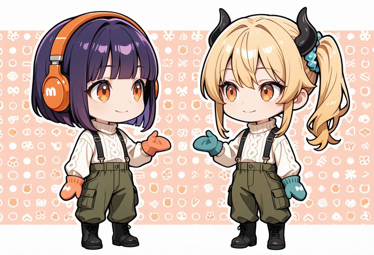 2月10日は「ニットの日」らしく、あおさん（<a href="/blue_chestnut09/">あお</a>さん）のところの、しらすさんと、いつもの女鬼高生さんが、ニットセーターとニット手袋を着用される場面を表現致しました。
有難う御座います。
合掌、ニット、礼拝

AIイラスト