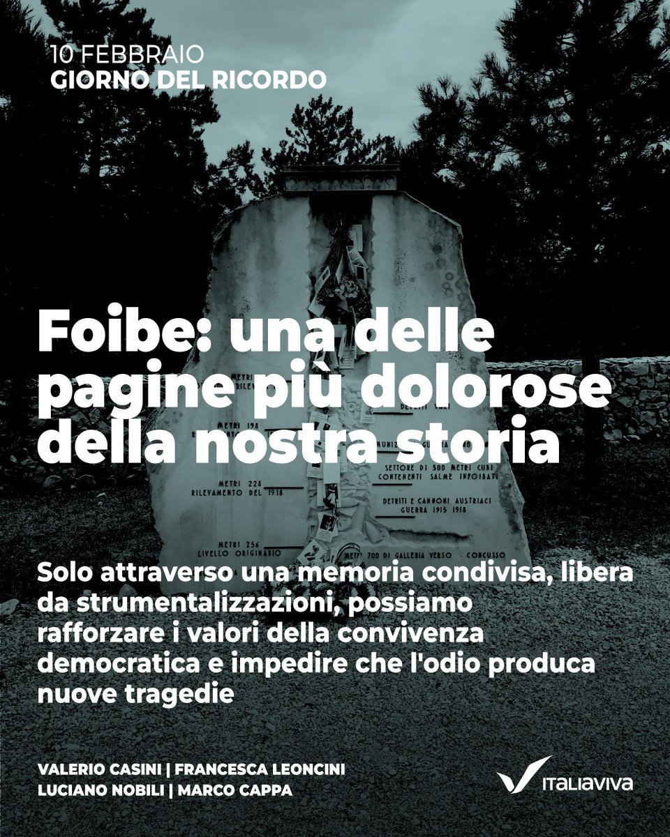 Ricordiamo oggi le migliaia di vittime delle foibe e il dramma di oltre 350mila italiani costretti a lasciare Istria, Fiume e Dalmazia nel secondo dopoguerra.

Una delle pagine più dolorose e troppo a lungo dimenticate della nostra storia.
Fare memoria significa assumersi una