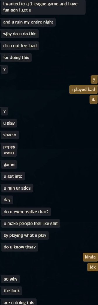dontyell31's tweet photo. This DM i got a month ago changed the way i look at league😕

i used to be completely indifferent to my adc's feelings and i would not feel bad about perma roaming/invading

But after i got this DM my playstyle is still about ignoring my adc's existence (1/2) https://t.co/ykxQmctGtn