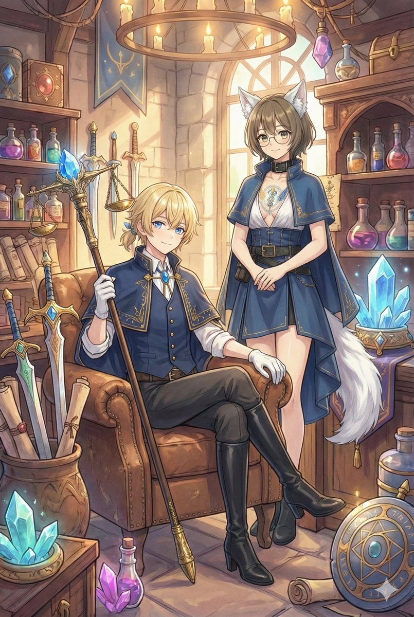 #魔法都市Astlëa
魔導具鑑定店【蒼金の天秤】店長代理兼看板犬のシロです🤍 一緒に写っているのはシロの所有者のアウレアさまです💛
今回はお店の紹介のためにお写真を撮っていただきました！ 私たちのお店はただお喋りしたいだけでも全然来店大歓迎🫶 いつでもお待ちしておりますね🌷