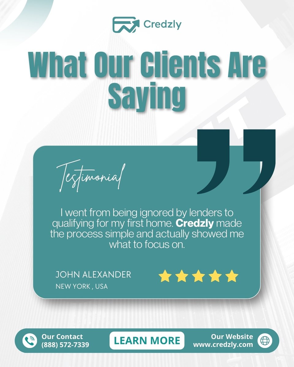credzly's tweet image. Went from being ignored by lenders to qualifying for a first home 🏡
Credzly made the process simple and showed exactly what to focus on.
Real results. Real clarity.
👉 credzly.com

#ClientSuccess #CreditJourney #FirstHomeGoals #FinancialConfidence #Credzly