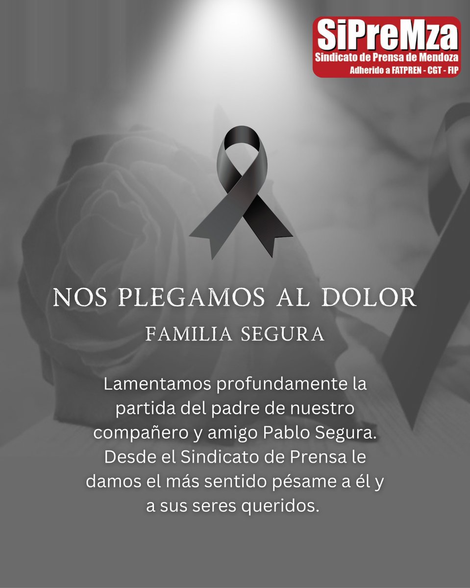 Compañeras/os: lamentamos informar el fallecimiento del papá de Pablo Segura, trabajador de Sitio Andino y afiliado a nuestro sindicato. 🤍 Acompañamos a Pablo y a su familia en este doloroso momento, enviándoles nuestras más sinceras condolencias y un fuerte abrazo solidario.