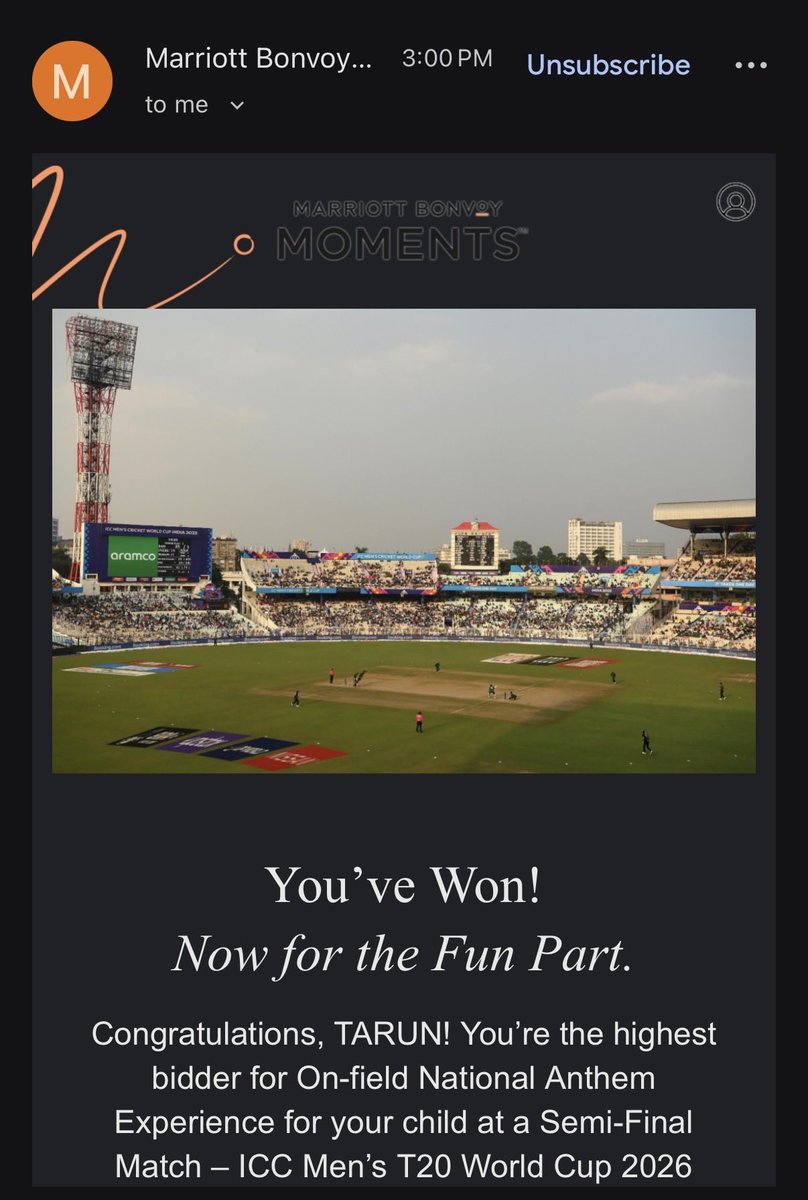 What are points meant for if not for unlocking unique experiences ❤️

Anyone else going for this?

Kolkata, 04-Mar-26. Semi final.

<a href="/MarriottBonvoy/">Marriott Bonvoy</a> #ICCT20WORLDCUP 
#ccgeeks #moments #MBMoments