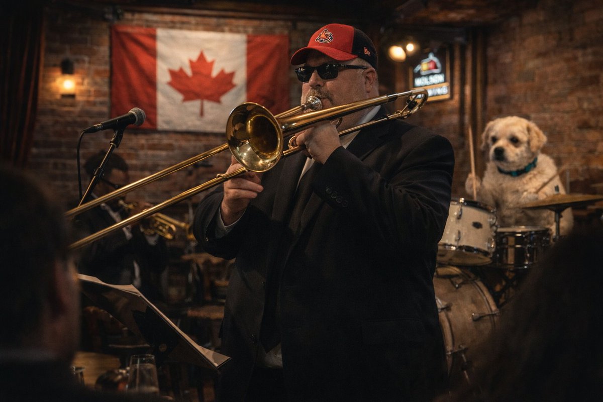 Filed firmly under "things that could actually happen," last night I found myself in Blues Brothers-esque garb and an Ottawa Senators cap, playing jazz trombone in a Moncton pub with Miles Davis on trumpet and my dog Mozzie on drums.