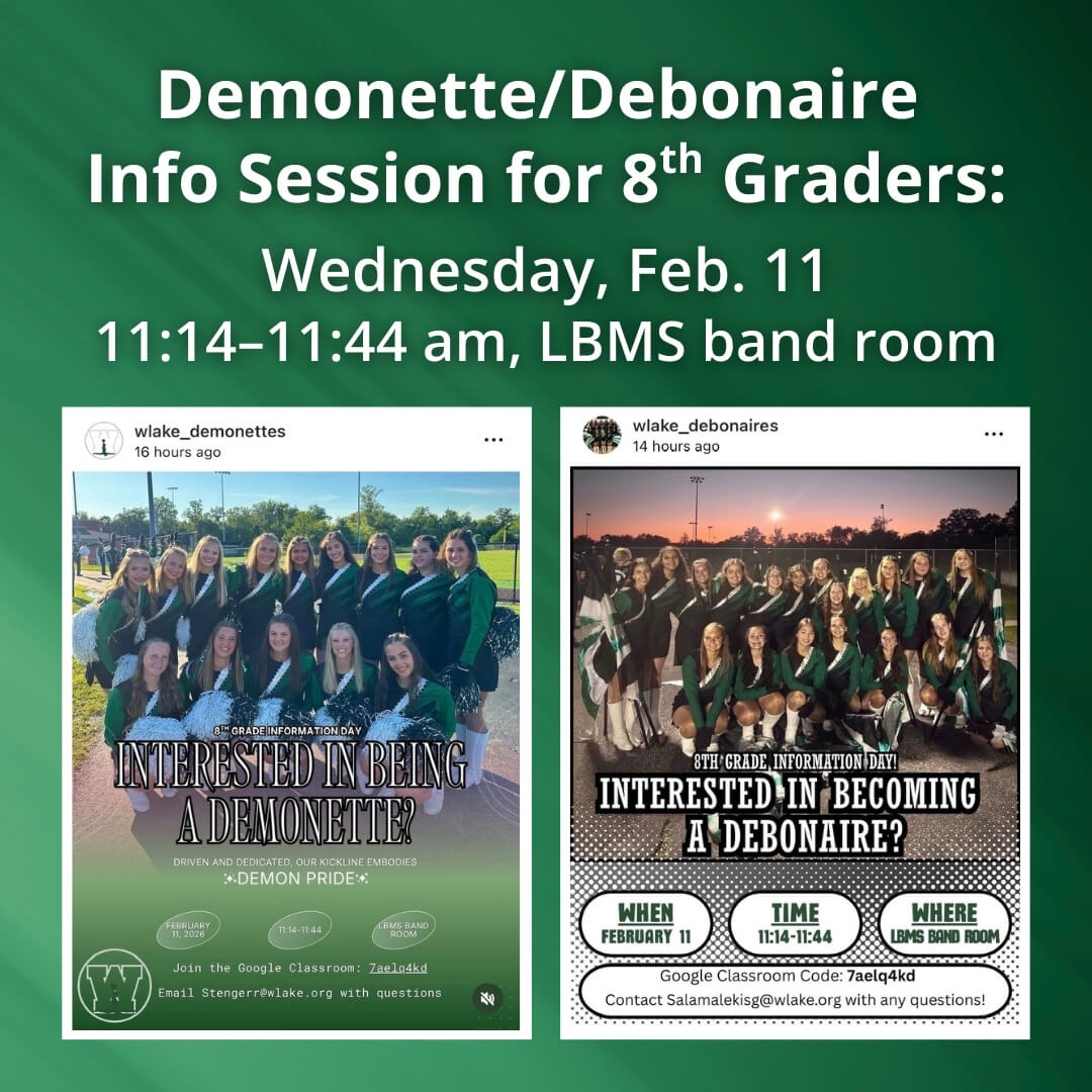 LBMS 8th graders interested in being a Demonette or Debonaire for 2026–2027 should attend the info session on Wednesday, Feb. 11, from 11:14-11:44 in the LBMS band room.
Follow Westlake Demonettes: instagram.com/wlake_demonett…
Follow Westlake Debonaires: instagram.com/wlake_debonair…
