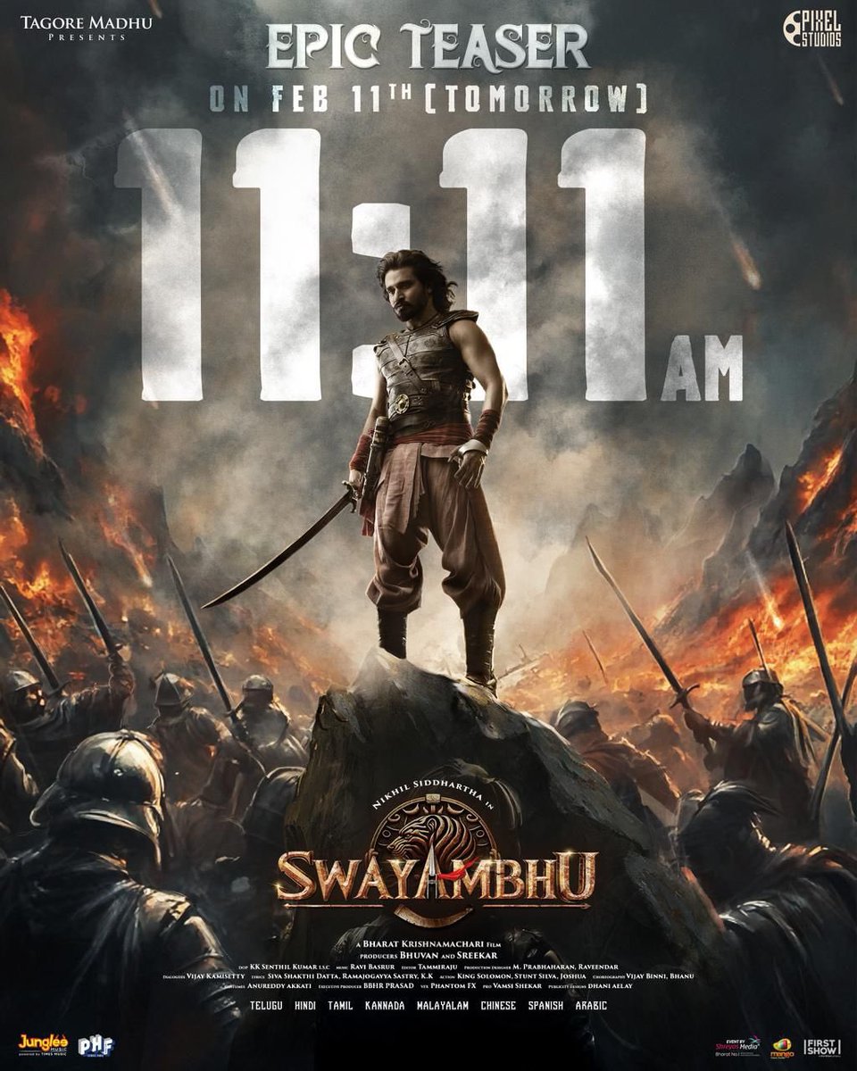 #SwayambhuTeaser out tomorrow at 11.11 AM
#Nikhil