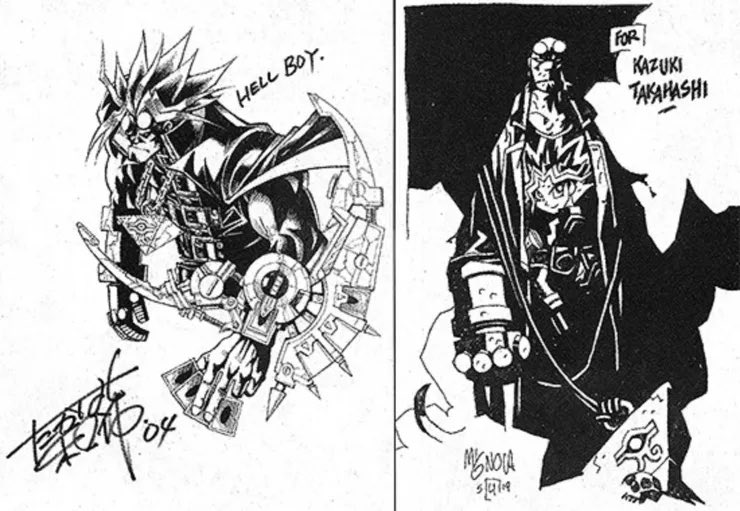 In 2004, VIZ’s Shonen Jump staff asked Yu-Gi-Oh! creator Kazuki Takahashi to draw his favorite American comic character with Yugi’s hair. When he drew the below image of HB the contacted creator Mike Mignola and he drew HB with a YGO shirt and the Millennium Puzzle.