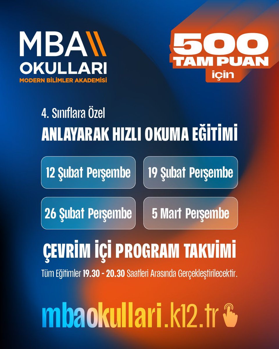 mbaokullari's tweet photo. 500 Tam Puan için 

4. Sınıf Öğrencilerine Özel MBA Okulları “Anlayarak Hızlı Okuma” Eğitimi Başvuruları Başlıyor!

Sen De Gel! 

#MBAOkulları #MedicanaEğitimGrubu #MBAYenilikçiEğitimEkosistemi #BaşarıTasarımı https://t.co/v39DKR7siW